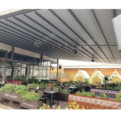 China Aluminium Gazebo With Retractable Roof Strip Lights , Electric Retractable Pergola for sale