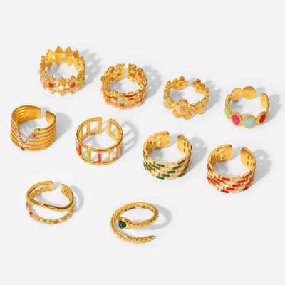 China 2022 High Quality Fashion Geometric Oil Drip Colorful Gold Stainless Steel Adjustable Ring for sale