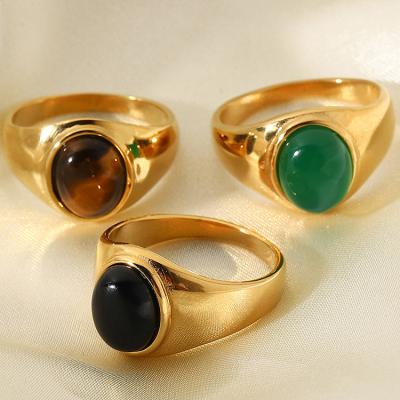 China Exquisite Appearance Metal Oval Tiger's Eye Obsidian 18k Gold Plated Stainless Steel Fashion Jewelry Rings for sale