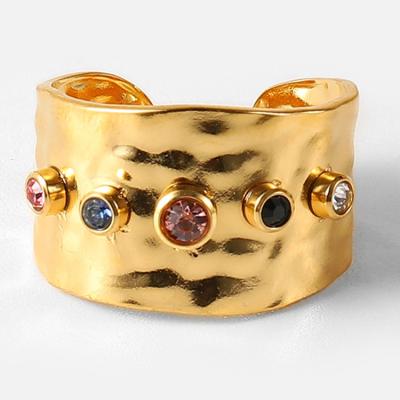 China High Quality Colorful Zircon Gold Jewelry Stainless Steel Fashion Jewelry Crystal Wide Band Rings for sale