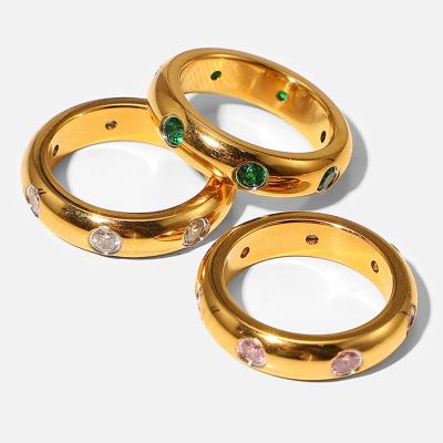 China TRENDY Vintage Micro Set Green/Pink/White Zirconia 18k Gold Stainless Steel Rings Jewelry Women for sale