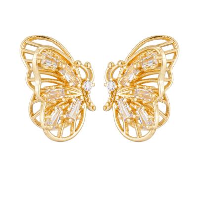 China TRENDY INS Style Brass Plated 14K Gold Female Earrings Fashion Design Cavity Zircon Butterfly Earrings for sale