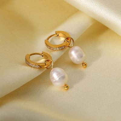 China Customization Ornaments Micro Zircon Inlaid Pearl Pendant 18K Freshwater Gold Plated Women Stainless Steel Earrings for sale