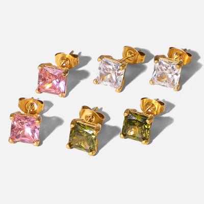 China FASHIONABLE Exquisite 18K White/Pink Green Square Women/Tea Zircon Earrings Stainless Steel Earrings for sale