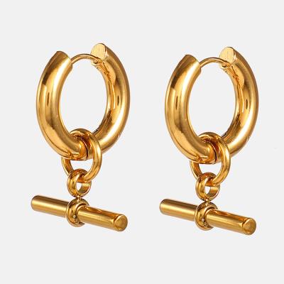 China Fashion Durable Personalized T-bar Pendant 18K Gold Plated Stainless Steel Women's Earrings for sale