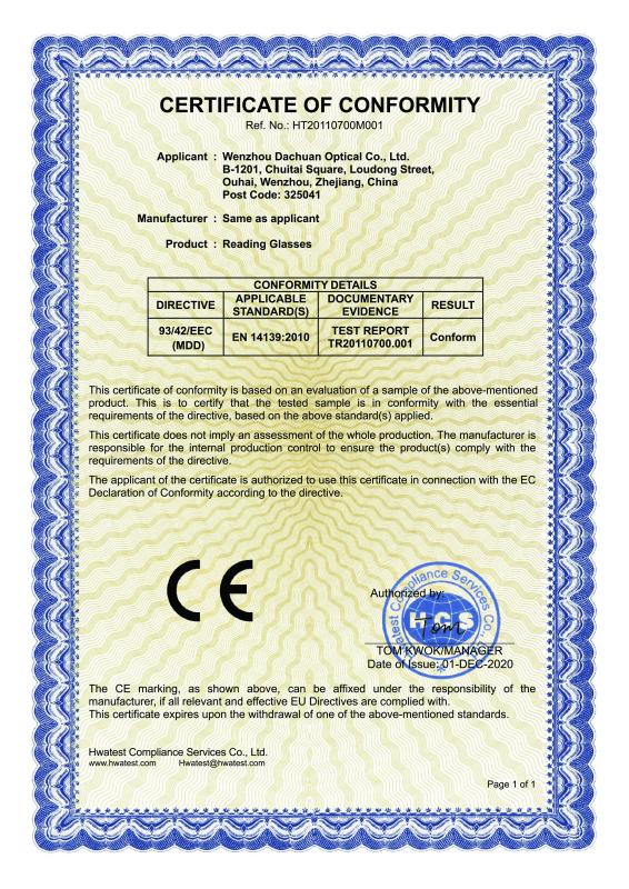 CE - Wenzhou Dachuan Optical Co., Ltd.