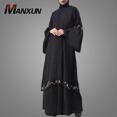 China Islamic Ramadan Clothing Beautiful Embroidered Double Layered Polyester Black Abaya Kaftan Dubai Muslim Arab Kimono Cardigan for sale