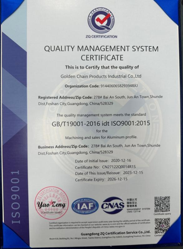 QUALITY MANAGEMENT SYSTEM CERTIFICATE - Golden Chain Products Industrial Co., Ltd.