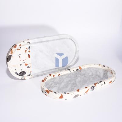 China Sustainable White Marble Tray Bathroom Jewelry Cosmetic Makeup Serving Tray Rounded With Boarder Edge for sale