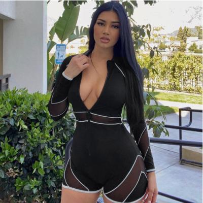 China High Quality QUICK DRY Mesh Yoga Sport Bodysuit Zipper Bodycon Shorts Patchwork Rompers Women One Piece Overalls for sale