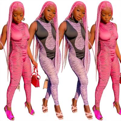 China 2022 New Arrivals QUICK DRY Amazon Striped Pink Mesh Stitching Sleeveless Jumpsuit Summer Equipment Overalls For Women for sale