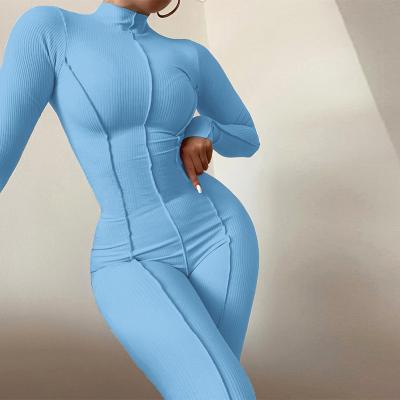 China Hot Sales Women's Autumn Full Length High Neck Anti-pilling Long Sleeve Romper Ribbed Slim Skinny Fitness Jumpsuit for sale