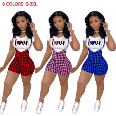 China Hot Selling QUICK DRY Slim Plaid T-shirt Short Overalls Set Women Summer Overalls Pants Two Piece Set Rompers for sale