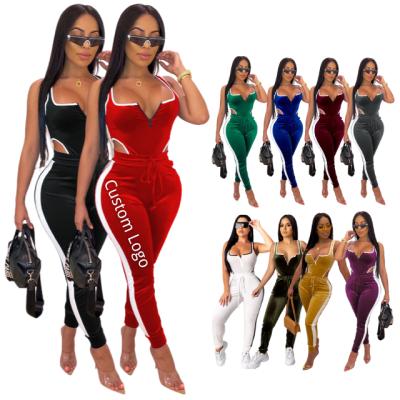 China 2022 Fashion Sportswear QUICK DRY Overall Black Stripe Overalls Set Sleeveless V-Neck Velvet Women Overalls Set Casual for sale