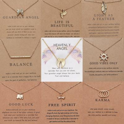 China Environmentally Friendly Fashion Karma Balance Luck Make A Wish Card Gold Plated Lady Owl Dragonfly Pearl Butterfly Heart Pendant Women Necklace Jewelry for sale