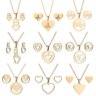 China Environmently Friendly Wholesale Non Tarnish 18K Gold Silver Plated Women Stainless Steel ECG Heartbeat Earring Necklace Pendant Jewelry Set for sale