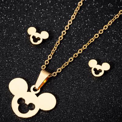 China Environmentally Friendly Wholesale Non Tarnish 18K Gold PVD Silver Plated Stainless Steel Mickey Mouse Earring Necklace Jewelry Sets For Women for sale