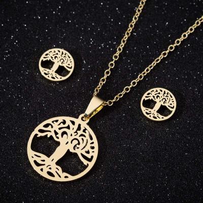 China Environmentally Friendly High Quality Tarnish Free 18K Gold Silver Plated Stainless Steel Tree Of Life Earring Necklace Jewelry Set For Women Lady for sale