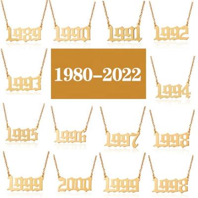 China Environmentally Friendly 1980-2022 Water Resistant 18K Gold Plated Old English Stainless Steel Birth Year Number Necklace Jewelry For Women for sale