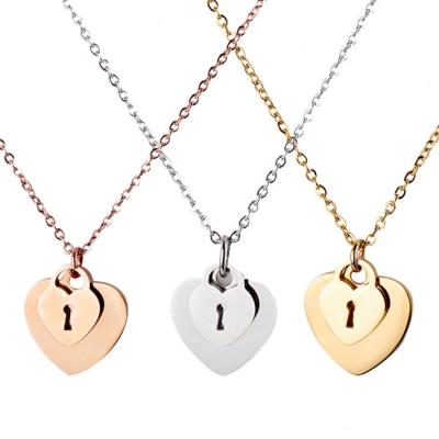 China Environmentally Friendly Luxury High Polish Women Rose Silver 18K Free Gold Plated Titanium Heart Lock Stainless Steel Pendant Necklace Jewelry for sale