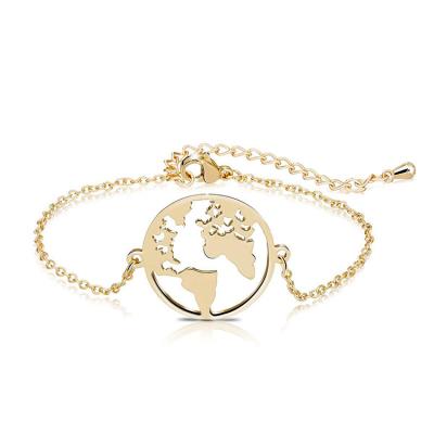 China Wholesale Trendy Environmentally Friendly Non Tarnish Silver 18K Gold Plated Stainless Steel Charm World Map Bracelet Jewelry For Women Ladies for sale