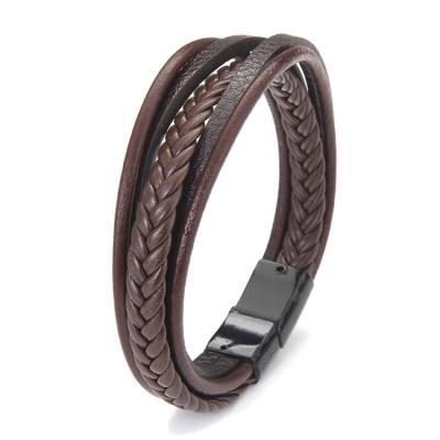 China Environmentally Friendly Fashion Punk Rock Style Magnetic Brown Multilayer Clasp Black Bangle PU Leather Cuff Bracelet Jewelry For Men for sale