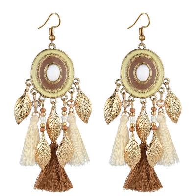 China Environmentally Fashion Friendly Vintage Style Bohemian Gold Plated Cotton Multi Thread Large Leaf Color Tassel Boho Earring Jewelry For Women for sale