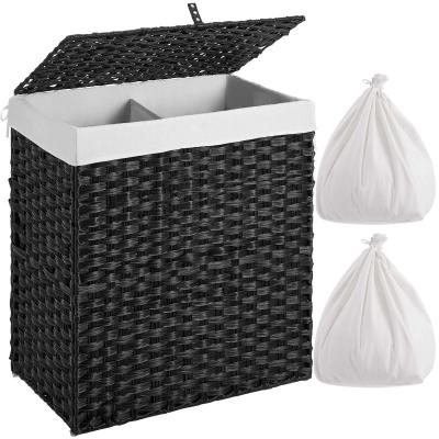 China Sustainable Handwoven Synthetic Rattan Laundry Basket With Lid Laundry Basket With 2 Removable Liner Bags for sale