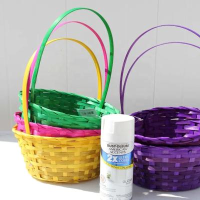 China Sustainable Round Laundry Storage Baskets Flat Bamboo Woven Portable Pink Picnic Easter Basket With Handle for sale