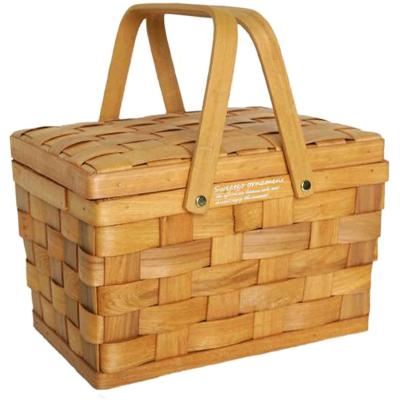 China Sustainable Natural Wood Woven Outdoor Sundries Storage Basket Rectangle Folding Handle Chips Picnic Basket for sale