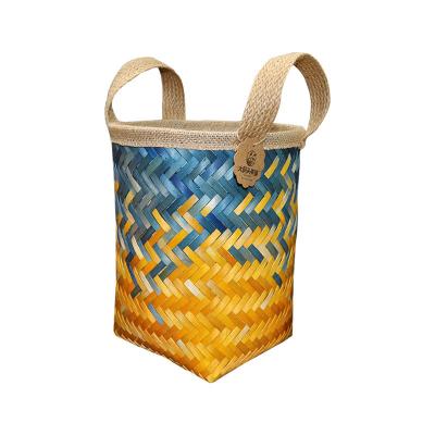 China Sustainable Home Decor Cheap Handmade Woven Wood Scrap Laundry Storage Basket With Cotton Rope Handle for sale