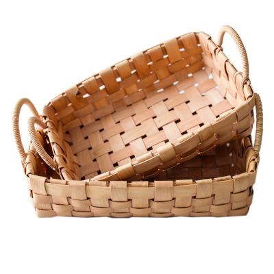 China Hot Selling Sustainable Wood Waste Food Storage Rectangular Handwoven Basket Mini Tray Household Rectangular Handwoven Basket for sale