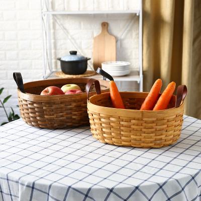 China Diy Wooden Handle Viable Wooden Handle Chip Storage Woven Baskets Natural Vintage Handmade Picnic Basket for sale