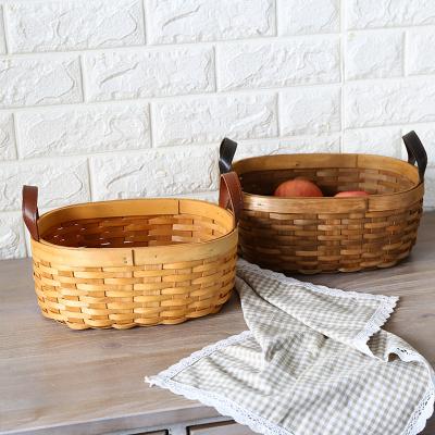 China Sustainable Storage Picnic Stacking Baskets Weaving Wide Woven Gardening Wood Chip Bread Basket With Handle for sale