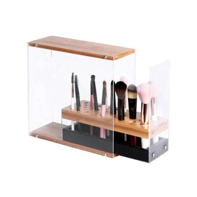 China 31 Holes Viable Beauty Cosmetic Display Acrylic Wooden Brush Holder Organizer for sale