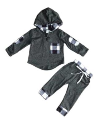 China Prairie Autumn Winter Chic Boutique Recommend Girls Boys Hoodie Gray Plaid Set Kids Fashion Outfit for sale