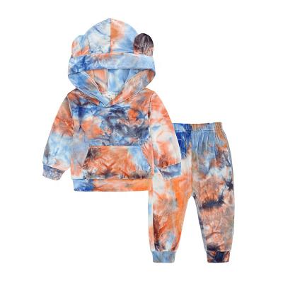 China Boutique plus size outfits colorful sports kids clothes velvet tie dye hoodie kids clothes sets wholesale for sale