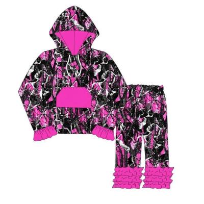 China New casual kids hoodie sets ruffles leaf print pattern pocket fashion girls hooded clothes for sale