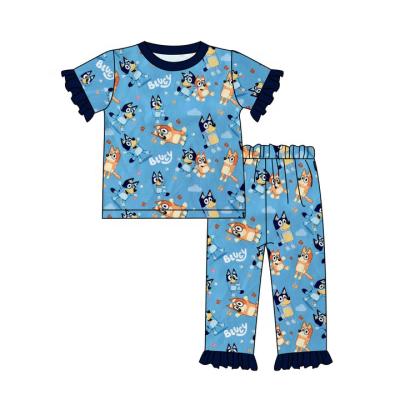 China QUICK DRY Blue Ruffle Pattern Puppy Amenities Boutique Fashion Short Sleeves Girls Pajamas Set for sale