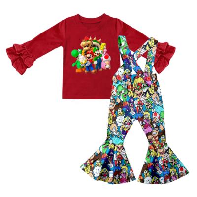 China Boutique Sweet Outfits Long Sleeve Cartoon T-shirt Autumn Suspender Pants Children's Clothing Set Wholesale for sale