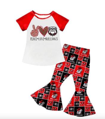 China Boutique Amenities Summer Peace Love Casual Bulldogs Print Bell Bottom Kids Clothing Set for sale