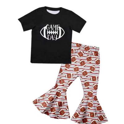 China Baby Casual Dressing Sets Summer English Alphabet Game Day Pattern Top And Bell Bottom Panty Girl Sets for sale