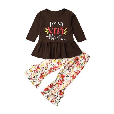 China Autumn Thanksgiving letter print casual high quality top and floral pattern bell-bottom girl costume for sale