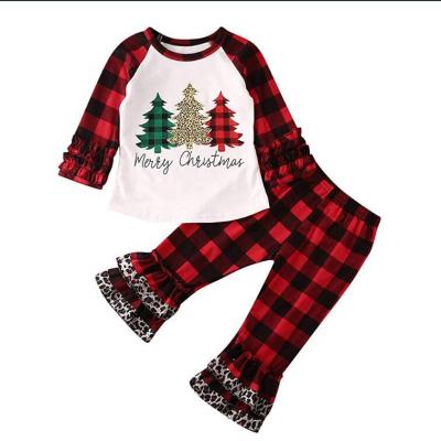 China Drop Boutique Casual Outfits Scare Christmas Tree Print Kids Girl 2 Pieces Set Clothes for sale