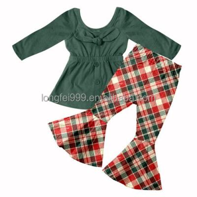 China Custom Casual Kids Clothing Autumn Winter Style Green Long Sleeve Top and Check Flare Pants Suit Kids Clothes for sale