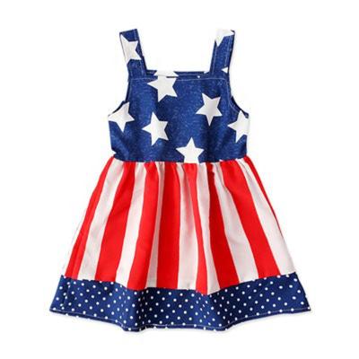 China Independence Day washable sleeveless star summer boutique vertical stripe red girls dress kids clothing for sale