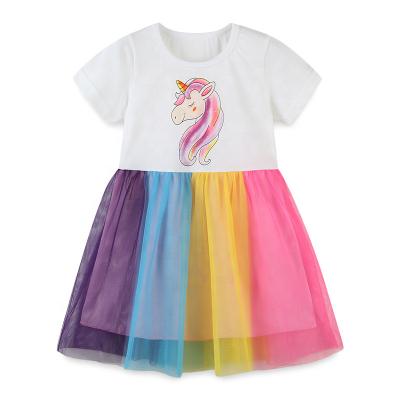 China Lovely Unicorn Print Colorful O-neck Dress Cotton Mesh Patchwork Dress Washable Sweater Factory Directly for sale