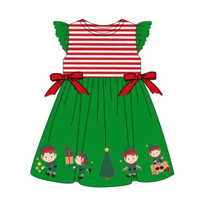 China New Washable Christmas Girl Pattern Printed Girl Dress Flutter Sleeve Green Color Cartoon Pattern Dress for sale