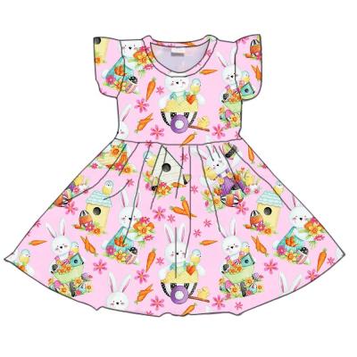 China Washable Kids Short Sleeve Cute Happy Easter Girls Boutique Dress Bunny And Flowers Print Frock Milk Silk Dress for sale