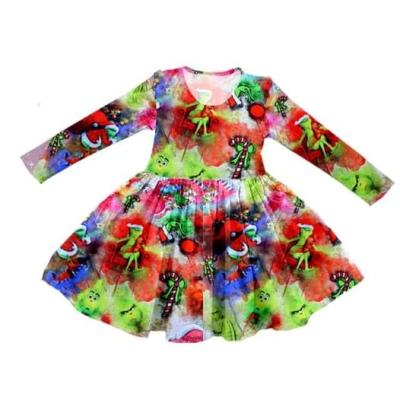 China Boutique Christmas Apparel Washable Christmas Hat Green Ghost Pattern Girl Dress for sale